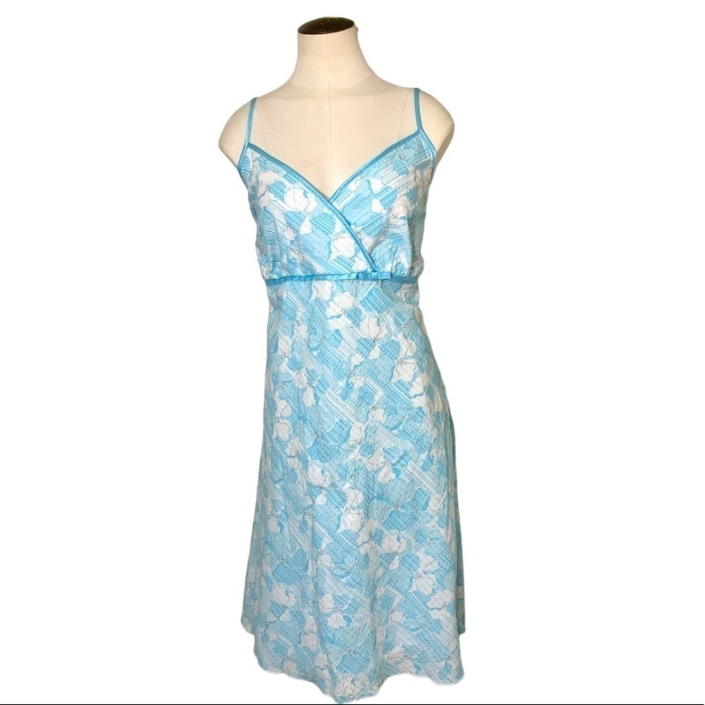 𝅺studio 1940 Retro Feminin Floral Blue White Silver A-Line Midi Dress size L/XL